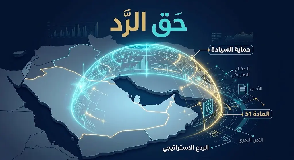 تصميم إنفوجرافيك يوضح مبدأ حق الرد وحماية السيادة مع درع دفاعي رمزي يغطي منطقة الخليج العربي