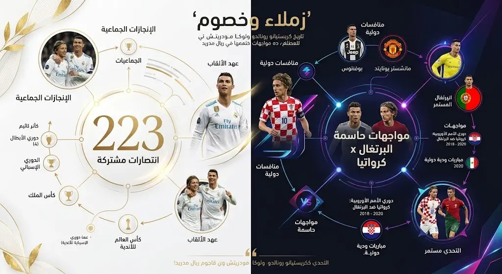تصميم بياني يستعرض إحصائيات المباريات التي لعبها رونالدو ومودريتش كزملاء في ريال مدريد وتوزيع مواجهاتهما كخصوم