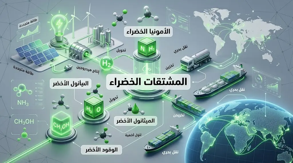 إنفوجرافيك احترافي يوضح المشتقات الخضراء المشمولة في حقوق التصدير وهي الأمونيا الخضراء، الميثانول الأخضر، والوقود الأخضر، بتصميم عصري.