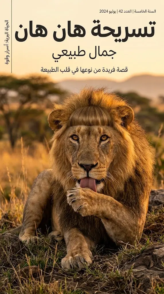 صورة تعبيرية للأسد الصيني هان هان تبرز تسريحة لبدته المميزة التي تشبه الغرة المستقيمة، مع لقطة تظهره وهو يلعق كفوفه لتنظيف شعره بشكل طبيعي.