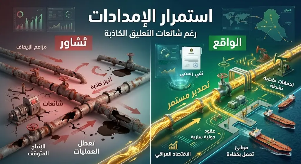 تصميم إنفوجرافيك يوضح استمرار تدفق صادرات النفط العراقية ويدحض شائعات توقفها