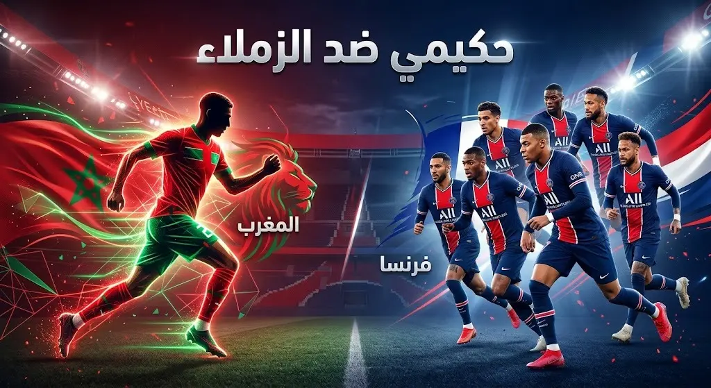 تصميم رياضي يبرز التحدي بين أشرف حكيمي بقميص المنتخب المغربي وزملائه في نادي باريس سان جيرمان بقميص المنتخب الفرنسي.
