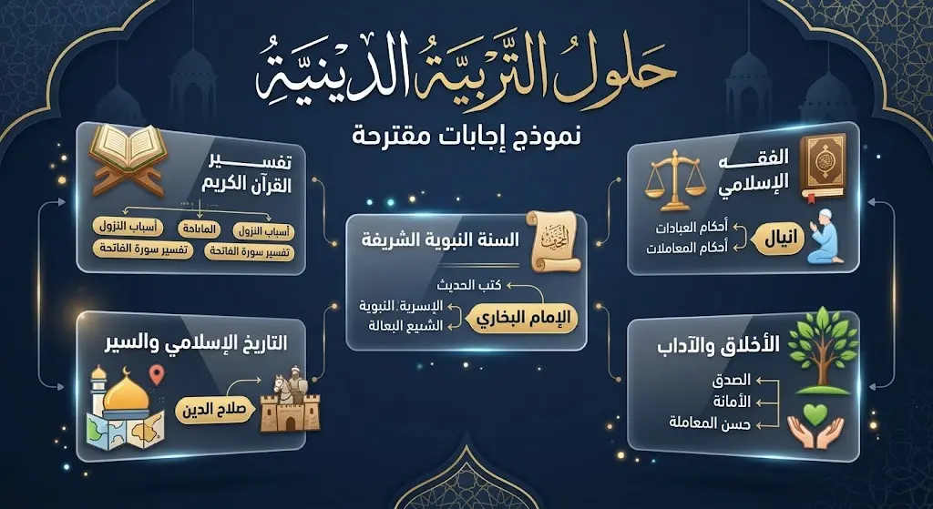 إنفوجرافيك تعليمي يعرض حلولاً نموذجية لبعض أسئلة امتحان التربية الدينية، مصمم بأسلوب البطاقات الرقمية الحديثة.