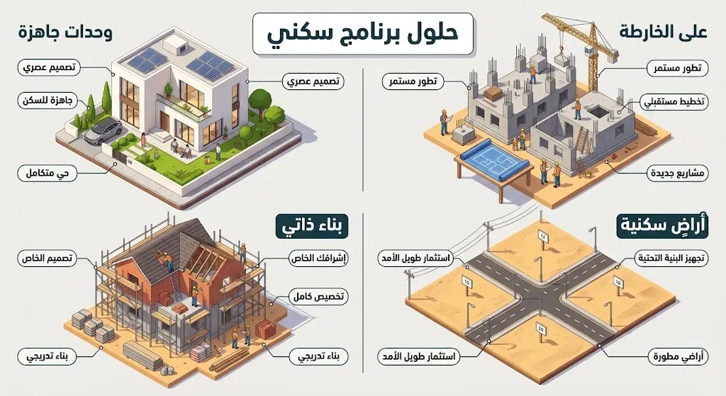 تصميم مرئي إبداعي يستعرض الحلول الأربعة لبرنامج سكني: الوحدات الجاهزة، البيع على الخارطة، البناء الذاتي، والأراضي السكنية في قالب معماري حديث.