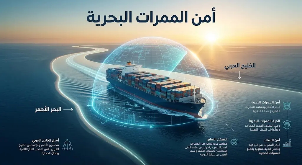 تصميم بصري إبداعي يظهر سفينة شحن تجارية تعبر ممراً مائياً استراتيجياً تحيط بها دروع حماية هولوغرافية، مع نصوص توضيحية للممرات.