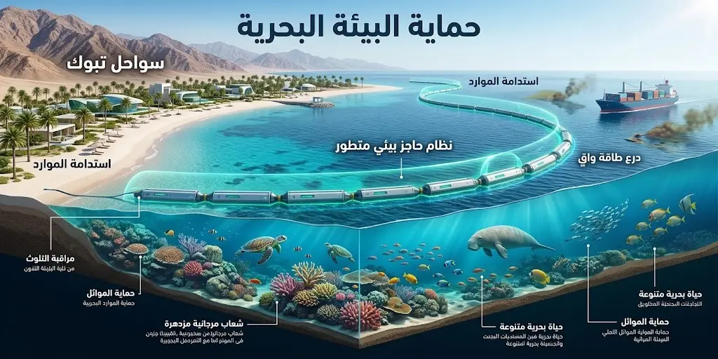 تصميم إبداعي يبرز جمال البيئة البحرية في سواحل تبوك وجهود حمايتها من التلوث
