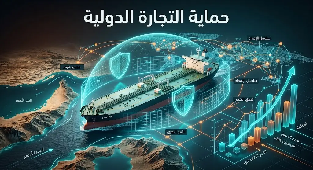 تصميم إنفوجرافيك يجسد ناقلة نفط تعبر ممراً ملاحياً بأمان وسط رموز حماية لسلاسل الإمداد العالمية.