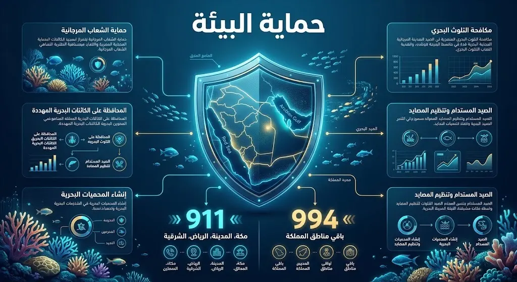 إنفوجرافيك يستعرض قنوات الإبلاغ الرسمية 911 و994 المخصصة لحماية الثروات المائية والبيئية في مختلف مناطق المملكة.