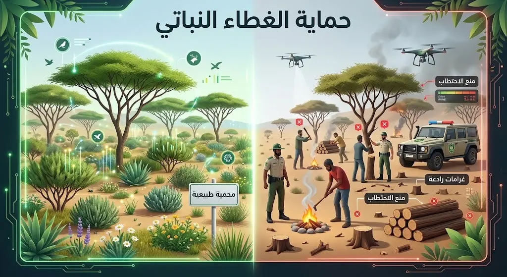 تصميم إنفوجرافيك إبداعي يبرز جهود حماية الغطاء النباتي ومنع ممارسات الاحتطاب وإشعال النار غير النظامي.