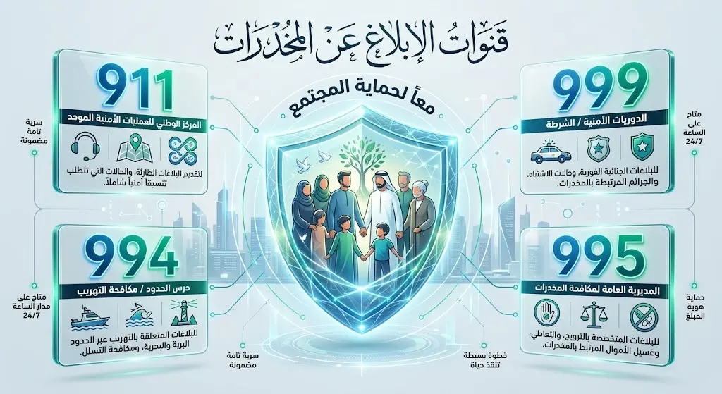 إنفوجرافيك عصري يستعرض أرقام قنوات الإبلاغ عن المخدرات تحت شعار حماية المجتمع.