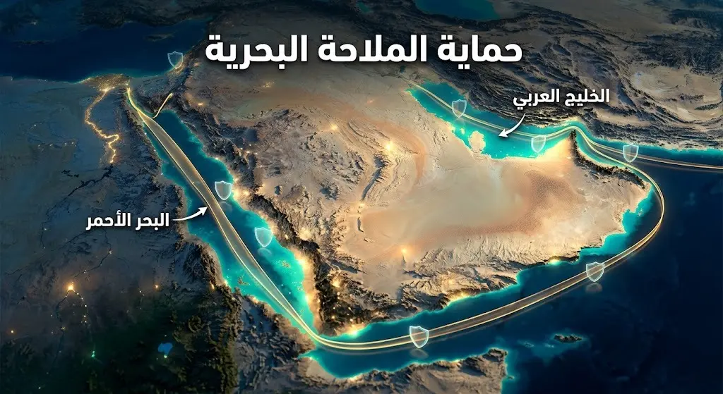 تصميم ثلاثي الأبعاد يبرز مسارات الملاحة البحرية المضيئة في البحر الأحمر والخليج العربي مع رموز تعبر عن الحماية وتأمين الشحن.