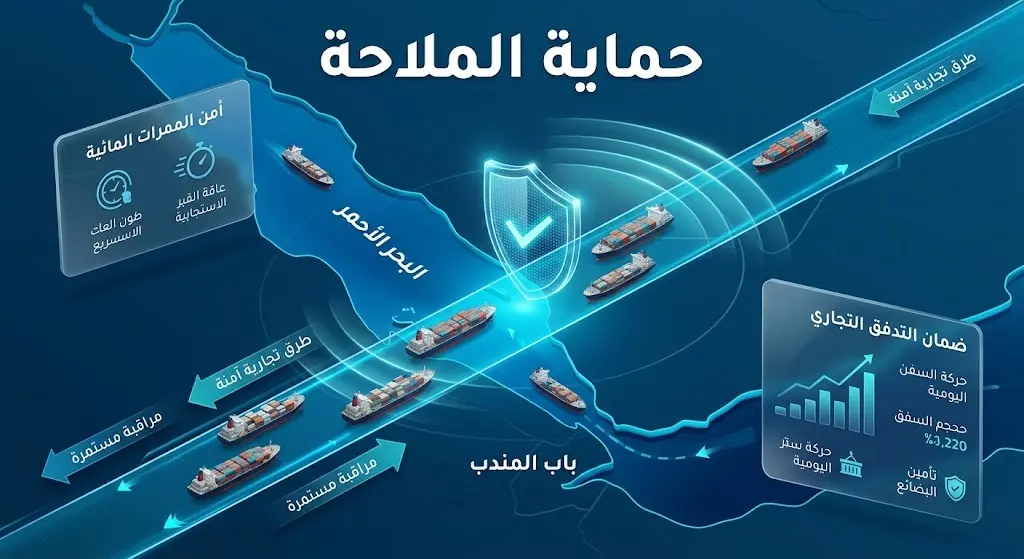تصميم ثلاثي الأبعاد لمضيق باب المندب والبحر الأحمر يبرز مسارات السفن التجارية مع رموز بصرية تعبر عن الحماية والأمن البحري.