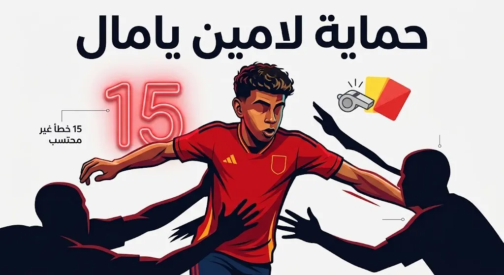 تصميم تعبيري يظهر إحاطة المدافعين باللاعب الشاب لامين يامال مع إشارة بصرية للأخطاء غير المحتسبة