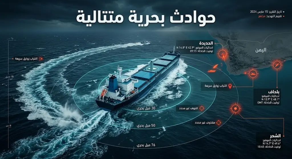 تصميم بياني يستعرض الحوادث البحرية المتتالية قبالة سواحل الحديدة وبلحاف والشحر والمسافات الفاصلة بينها.
