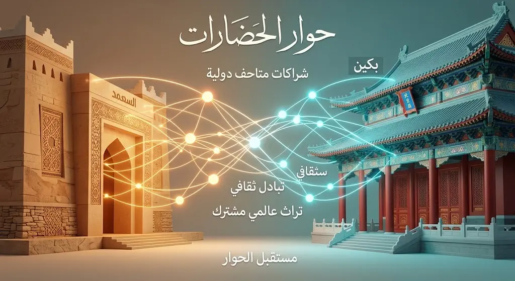 تصميم تعبيري يجسد التواصل الثقافي وحوار الحضارات بين المتاحف العالمية، يربط بين معالم ثقافية بخطوط شبكية مضيئة.