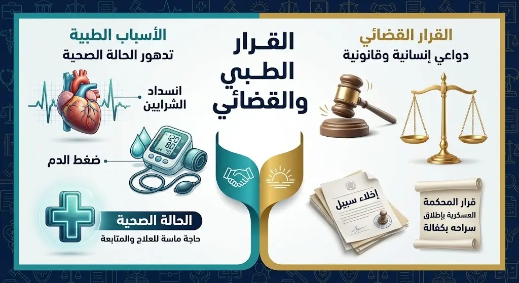 إنفوجرافيك يوضح التداخل بين الحالة الصحية لفضل شاكر، التي تشمل انسداد الشرايين وارتفاع ضغط الدم، والقرار القضائي بإخلاء سبيله بكفالة مالية.