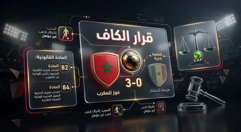 إنفوجرافيك يوضح حيثيات قرار الاتحاد الإفريقي بفوز المغرب إدارياً بثلاثية نظيفة استناداً للمادتين 82 و84
