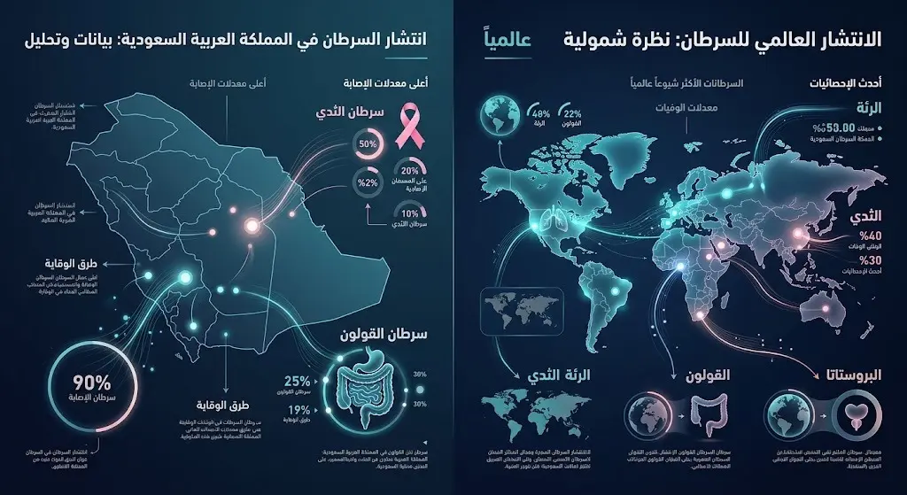 إنفوجرافيك بياني يعرض خارطة الأورام الأكثر شيوعاً، مقارناً بين الأنواع المنتشرة محلياً في السعودية مثل سرطان الثدي والقولون، والأنواع الشائعة عالمياً كسرطان الرئة.