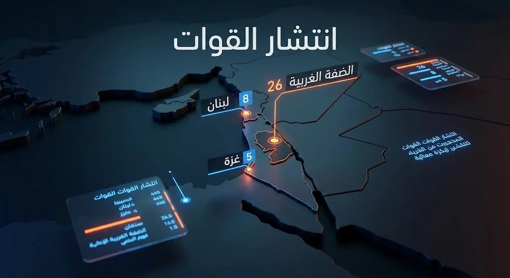 إنفوجرافيك احترافي يوضح توزع كتائب جيش الاحتلال الإسرائيلي بواقع 26 كتيبة في الضفة الغربية، 8 في لبنان، و5 في قطاع غزة