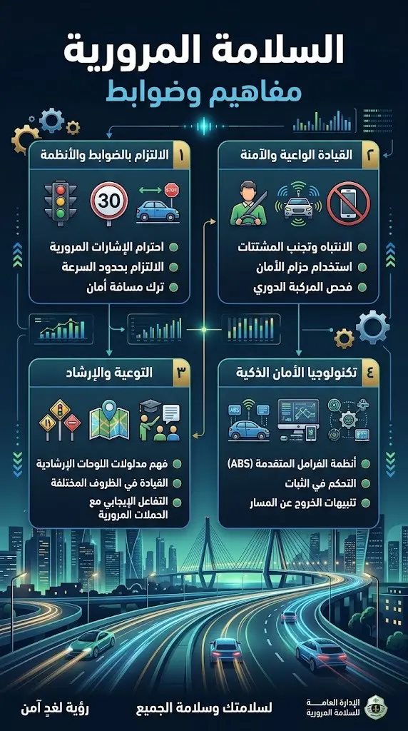 إنفوجرافيك عصري واحترافي يوضح أهمية التوعية بالأنظمة المرورية والالتزام بضوابط السلامة على الطرق.