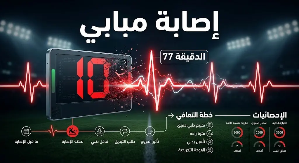 إنفوجرافيك يعبر عن الإصابة المفاجئة لكيليان مبابي وخروجه الاضطراري في الدقيقة 77 وسط ترقب طبي.