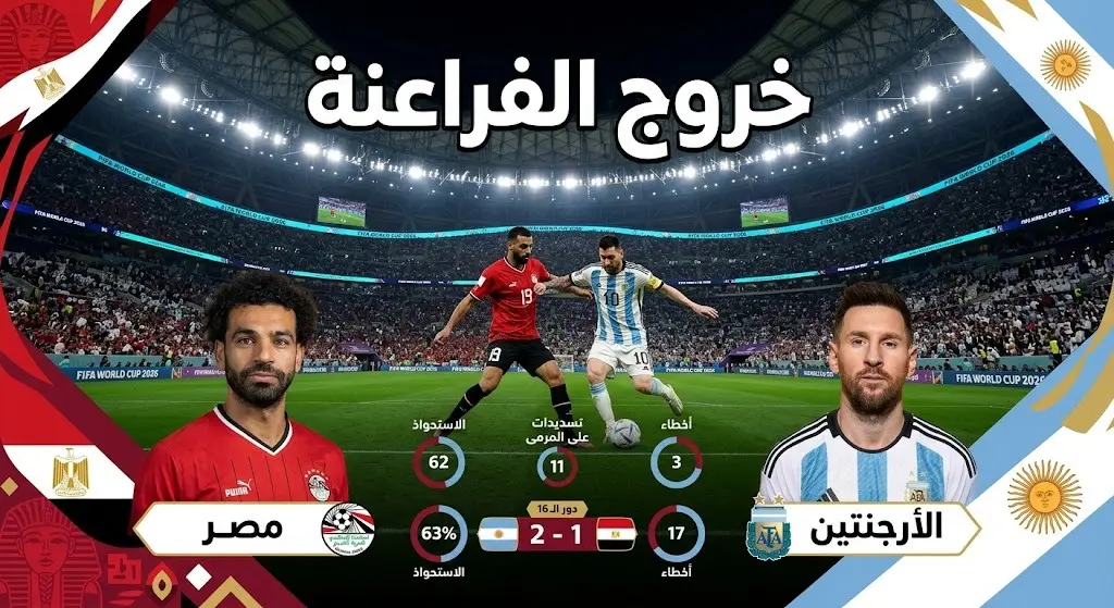 تصميم غرافيكي يجسد مواجهة مصر والأرجنتين في دور الستة عشر من كأس العالم 2026، مع إبراز أعلام البلدين وأجواء الملاعب.