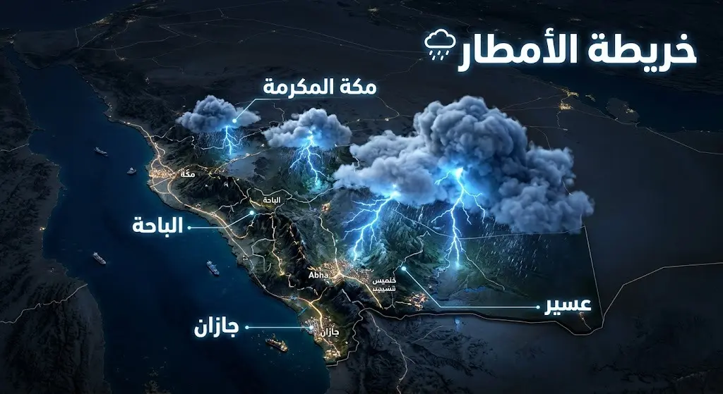خريطة ثلاثية الأبعاد توضح مناطق هطول الأمطار الرعدية على المرتفعات الجنوبية الغربية ومكة المكرمة.