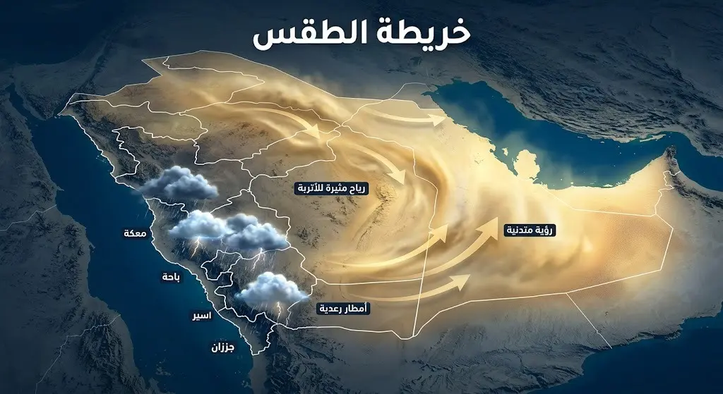 خريطة إنفوجرافيك ثلاثية الأبعاد توضح مناطق الأمطار الرعدية في المرتفعات الجنوبية الغربية وحركة الرياح والأتربة في باقي مناطق المملكة.