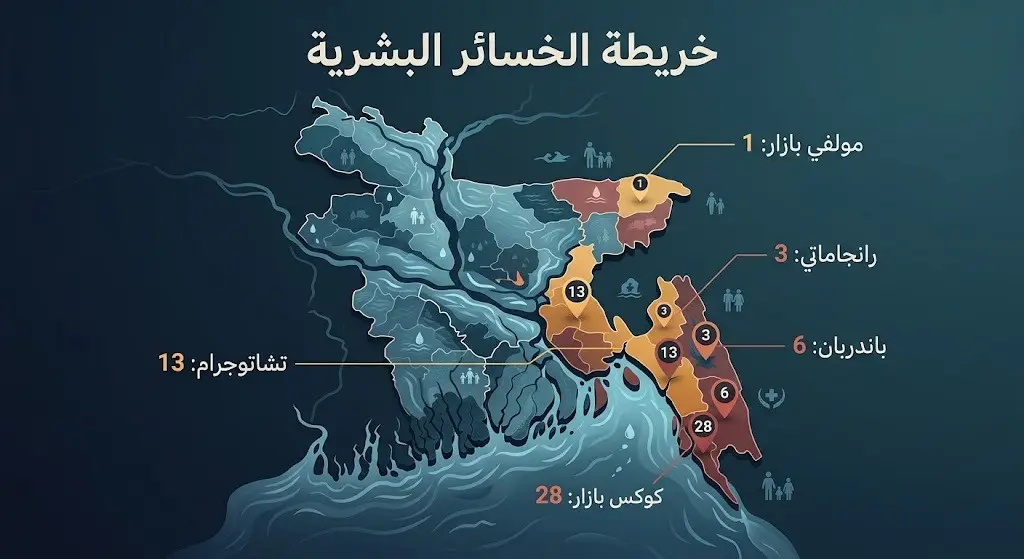 إنفوجرافيك يوضح خريطة الخسائر البشرية في بنغلاديش مع تفصيل لعدد الوفيات في مناطق كوكس بازار، تشاتوجرام، باندربان، رانجاماتي، ومولفي بازار.