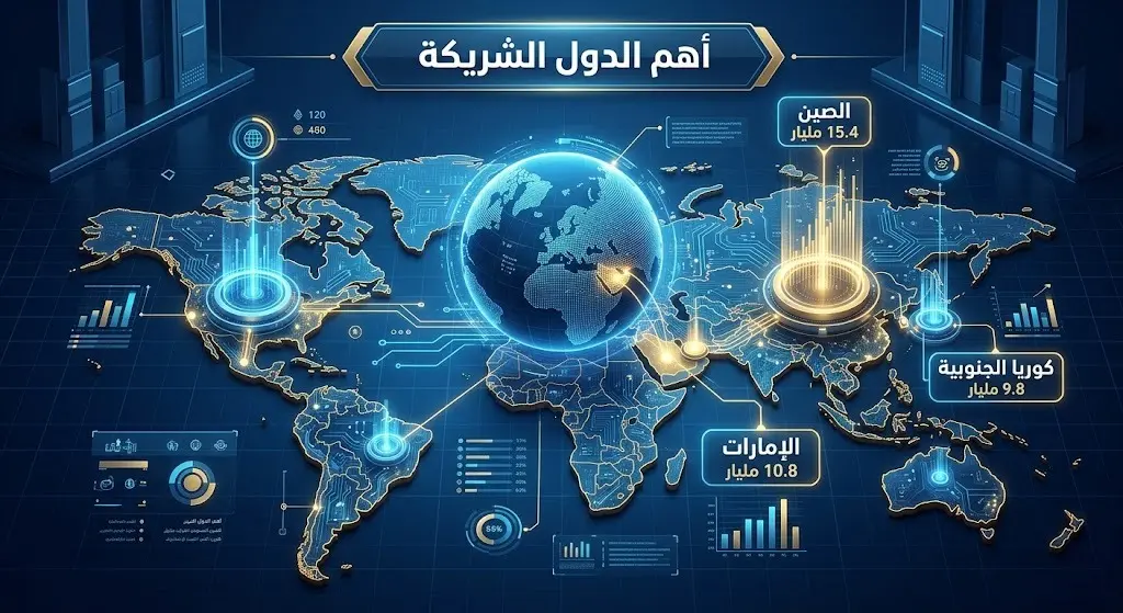 إنفوجرافيك يوضح خريطة وأرقام الصادرات السعودية لأهم الدول الشريكة، حيث تتصدر الصين بقيمة 15.4 مليار ريال، تليها الإمارات ثم كوريا الجنوبية.
