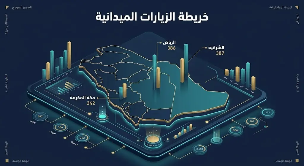 إنفوجرافيك احترافي يوضح خريطة وتوزيع أعداد الزيارات الميدانية للمنشآت الصناعية في مناطق المملكة العربية السعودية، مع تسليط الضوء على تصدر المنطقة الشرقية ومنطقة الرياض.