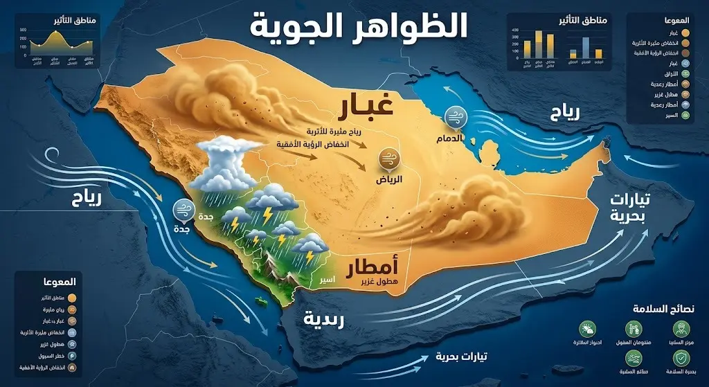 إنفوجرافيك احترافي يوضح خريطة المملكة العربية السعودية مع توزيع الظواهر الجوية كالغبار والأمطار وسرعة الرياح على مختلف المناطق.