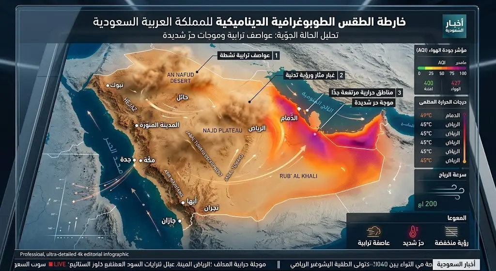 خريطة ثلاثية الأبعاد توضح مسار الرياح النشطة ومناطق تركز الغبار والموجة الحارة في السعودية.