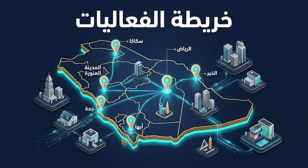 إنفوجرافيك لخريطة المملكة العربية السعودية يوضح التوزيع الجغرافي للمدن المستضيفة لفعاليات أسبوع العقار والمقاولات