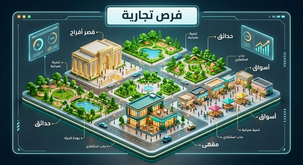 إنفوجرافيك ثلاثي الأبعاد يستعرض خريطة المشاريع الترفيهية والتجارية المطروحة للاستثمار في رفحاء، متضمناً قصر أفراح وحدائق عامة ومقاهي.
