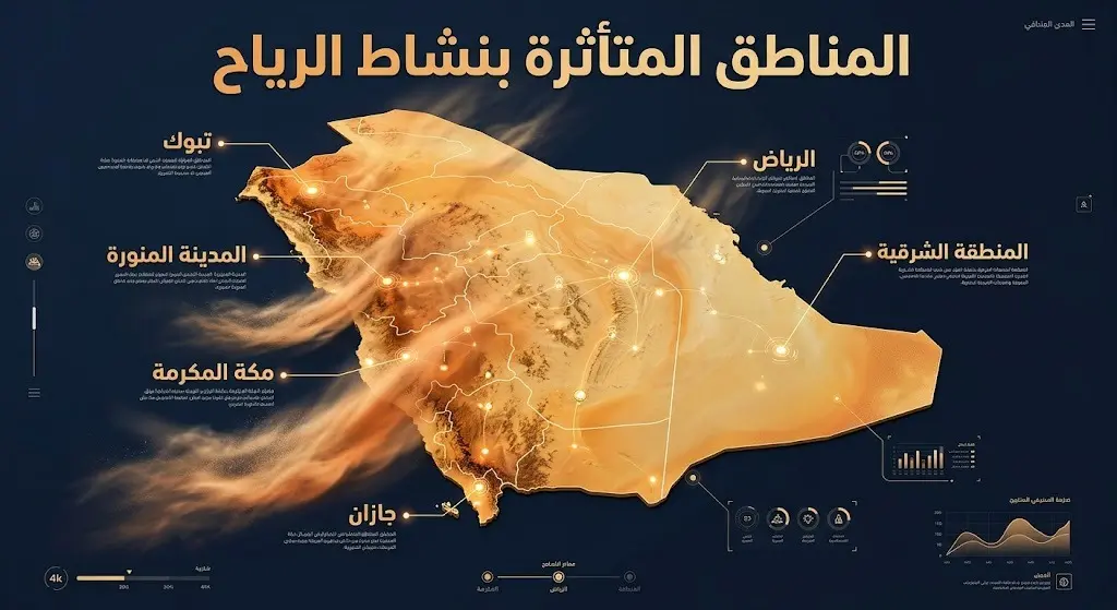 خريطة جغرافية ثلاثية الأبعاد توضح مسار موجات الغبار والمناطق المتأثرة بنشاط الرياح في السعودية، مبرزة الطريق الساحلي والمناطق الداخلية.