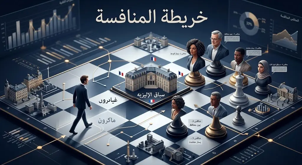 تصميم تعبيري يجسد خريطة المنافسة السياسية في فرنسا وغياب إيمانويل ماكرون عن السباق الرئاسي القادم
