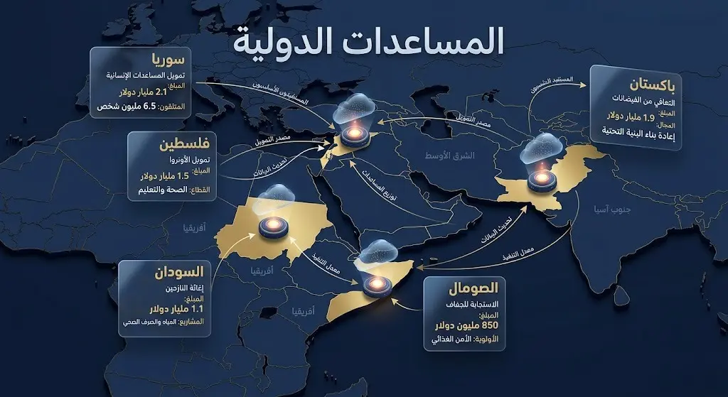 إنفوجرافيك يوضح خريطة توزيع المساعدات الإنسانية الدولية على الدول الخمس الأكثر استفادة: سوريا، فلسطين، الصومال، باكستان، والسودان، مع إبراز قيم التمويل.