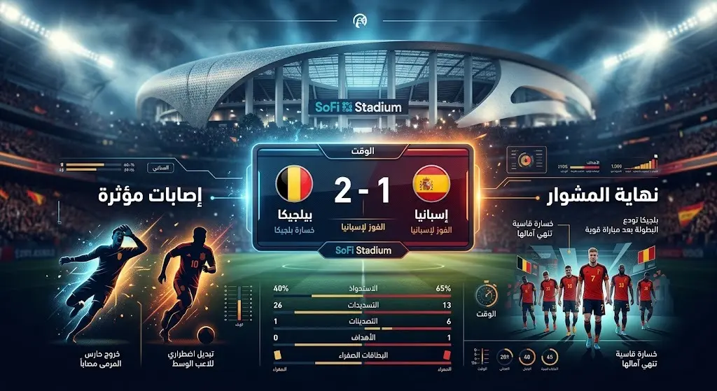تصميم إنفوجرافيك يوضح نتيجة مباراة إسبانيا وبلجيكا 2-1 مع إبراز أثر الإصابات على خروج المنتخب البلجيكي من ربع نهائي كأس العالم.