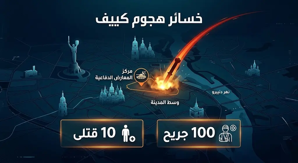 إنفوجرافيك يوضح حجم الخسائر البشرية جراء الهجوم الصاروخي الروسي على معرض الصناعات الدفاعية في كييف