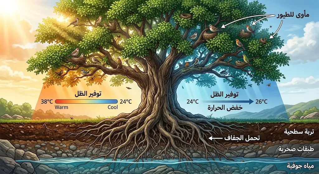 رسم توضيحي لقطاع عرضي يبرز خصائص الأشجار المعمرة البيئية، مثل توفير الظل، خفض درجات الحرارة، وجذب الطيور.
