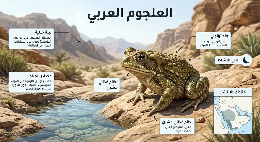 تصميم معلوماتي يبرز الخصائص البيئية للعلجوم العربي وتأقلمه مع البيئات الجبلية وشبه الجافة وارتباطه بمصادر المياه.