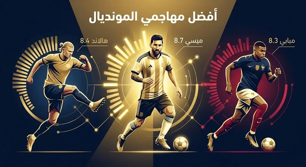 تصميم بصري يقارن بين تقييمات ثلاثي خط الهجوم في كأس العالم 2026، يتوسطهم ميسي بأعلى تقييم وإلى جانبه هالاند ومبابي.