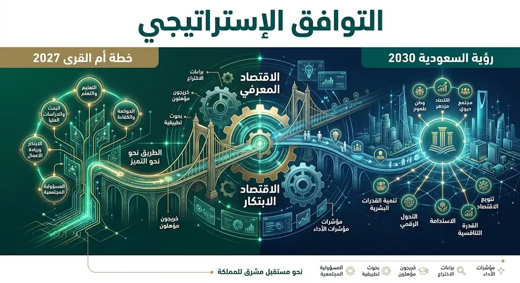 تصميم بصري إبداعي يبرز تلاقي الخطة الإستراتيجية لجامعة أم القرى 2027 مع مستهدفات رؤية السعودية 2030.
