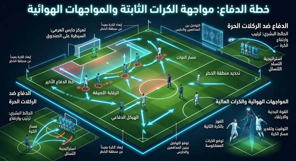 رسم تكتيكي ثلاثي الأبعاد يوضح خطة المنتخب المصري للتعامل مع الكرات العالية والثابتة للمنتخب الأسترالي داخل منطقة الجزاء.