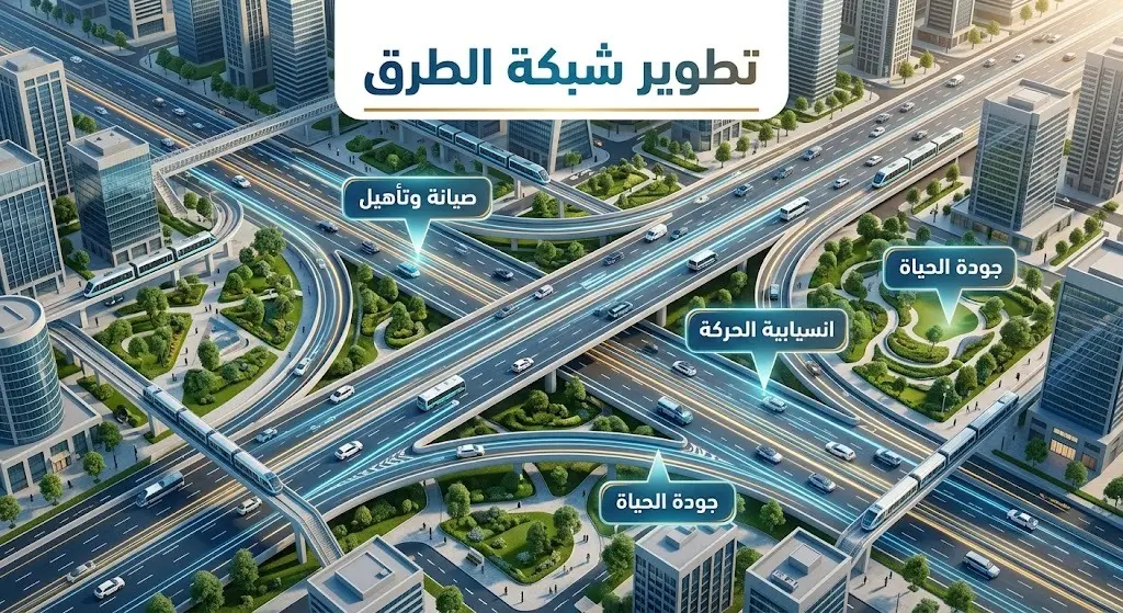 تصميم ثلاثي الأبعاد يعرض خطة تطوير وتحديث شبكة الطرق بمواصفات المدن الذكية لتعزيز جودة الحياة.