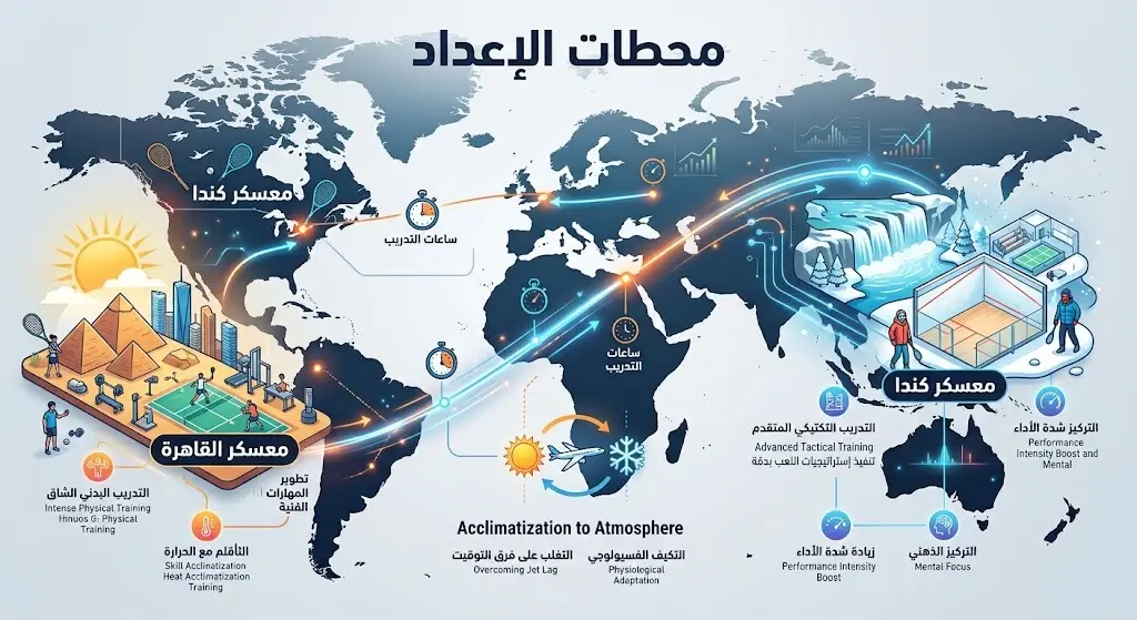 تصميم بياني يوضح المحطات التدريبية للمنتخب السعودي للاسكواش، بدءاً من المعسكر التحضيري في القاهرة وصولاً إلى المعسكر الختامي في كندا.