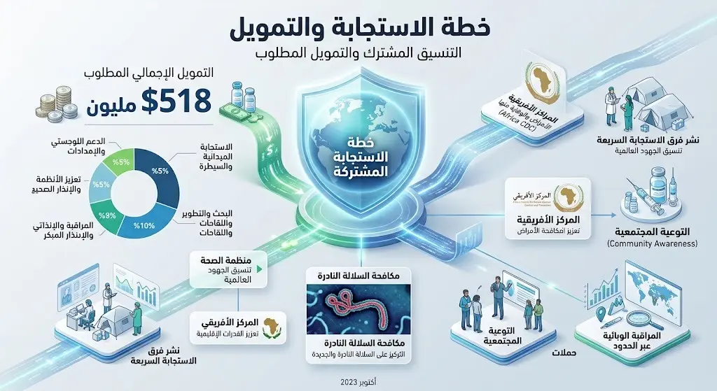 تصميم إنفوجرافيك يبرز تفاصيل خطة الاستجابة المشتركة لاحتواء الإيبولا وحجم التمويل المطلوب البالغ 518 مليون دولار