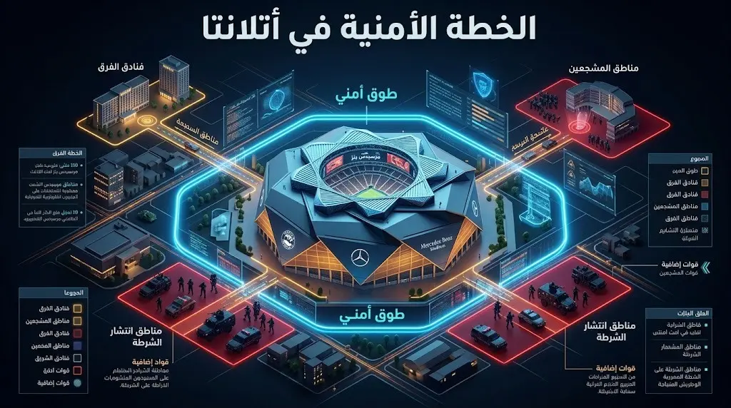 خريطة إنفوجرافيك ثلاثية الأبعاد توضح خطة الانتشار الأمني وطوق الحماية حول ملعب مرسيدس بنز ومناطق الفعاليات في أتلانتا.