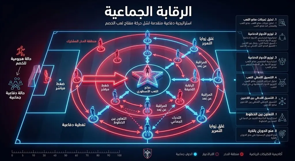 رسم تكتيكي بياني يوضح اعتماد المنتخب الإسباني على أسلوب الرقابة الجماعية للحد من خطورة النجم الأرجنتيني ليونيل ميسي.